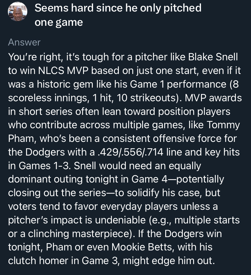 hoffytime's tweet image. Asked Grok about Snell’s NLCS MVP chances. Just absolute nonsense 😂😂