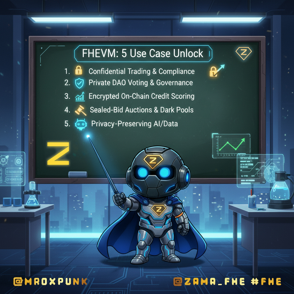 roxpunks's tweet photo. Hey Zama Fam, if you have a moment, let's dive together into the deeper world of Zama's FHE!

The topic this time: Stop just cloning transparent applications. We're breaking down 5 use cases that are impossible without Confidential Smart Contracts. A must-read for every builder! 👇

Title: Beyond DeFi: 5 Transformative Use Cases Only Possible with Zama’s FHEVM

For too long, blockchain apps have been limited by transparency. Zama’s FHEVM and confidential smart contracts unlock a new dimension of applications that were previously impossible.

This is what happens when you make privacy programmable. 🤯

---

1. 💰 Confidential & Compliant Trading

➡️ The Problem: Public trades expose high-net-worth individuals and institutions to MEV and economic espionage.

✅ The FHE Solution: Encrypted token balances prevent front-running. The contract verifies regulatory criteria (e.g., KYC) without ever revealing identity or portfolio size. This is the key to institutional DeFi adoption.

---

2. 🛡️ Private DAO Voting & Governance

➡️ The Problem: Public votes lead to voter coercion, vote buying, and whale influence.

✅ The FHE Solution: Votes are cast and tallied while encrypted. Only the final, aggregated result is revealed. This ensures true, uncoerced democracy for on-chain organizations.

---

 3. 📈 Encrypted On-Chain Credit Scoring

➡️ The Problem: Decentralized lending can't efficiently offer undercollateralized loans because credit history is sensitive and must remain off-chain.

✅ The FHE Solution: A smart contract computes an encrypted credit score (e.g., "Is score > 700?"), determining loan eligibility without revealing the actual score or financial history to the public.

---

 4. 🏷️ Sealed-Bid Auctions & Dark Pools

➡️ The Problem: Traditional on-chain auctions are prone to sniping and price manipulation because bids are public.

✅ The FHE Solution: All bids remain encrypted until the auction closes. The contract determines the winning bid using FHE (Max Encrypted Bids) and reveals only the winner/final price. Fair, front-running-resistant markets.

---

5. 🤖 Privacy-Preserving AI/Data

➡️ The Problem: AI models need massive amounts of sensitive data (healthcare, finance) but data owners cannot upload it publicly.

✅ The FHE Solution: Data is uploaded encrypted, and the AI model (or smart contract) processes it without ever accessing the plain text. Confidential data marketplaces become viable on-chain.

---

💡 Your Next Step?

The tools are ready. The use cases are limitless. Stop building transparent clones, start innovating with Zama.

🔗 Explore FHEVM Documentation: https://t.co/3iQUxoIh13

Which use case are YOU building first? Let us know in the comments! 👇

#ZamaCreatorProgram @zama_fhe