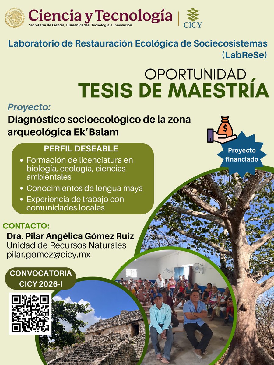 Interesados en realizar una tesis de maestría en el <a href="/CICYoficial/">CICY</a> en el marco de un proyecto súper bonito de turismo comunitario en Ek’ Balam, aqui hay una oportunidad para empezar el próximo semestre 😉👇