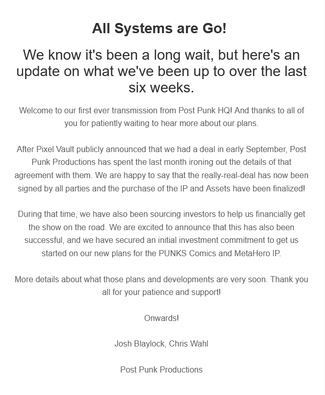 GM! We've sent out our first newsletter to email subscribers outlining what we've been up to since our initial announcement back in September. 👇

If you want the alpha from Post Punk HQ before we tweet it on X, sign up for early updates over at postpunks.io  🔥🤘🤘🔥