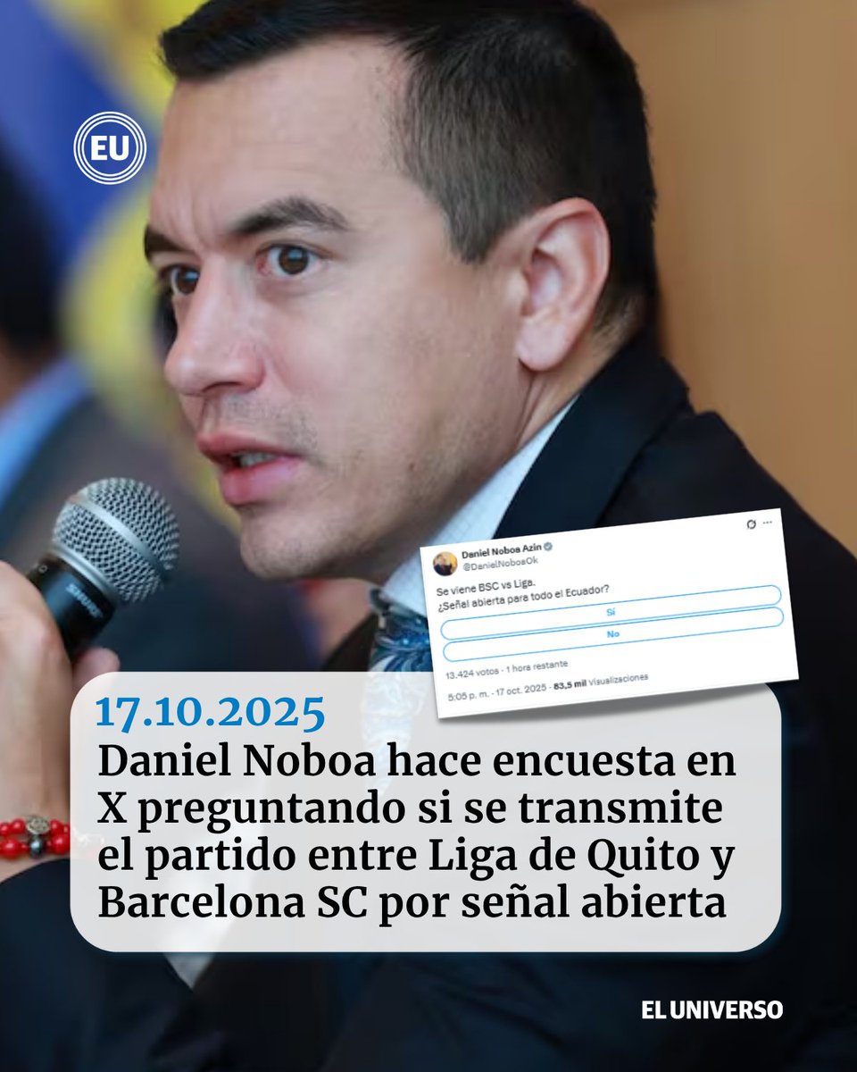 eluniversocom's tweet image. El presidente de la República #DanielNoboaAzín utilizó su cuenta oficial de X para realizar una encuesta en la que pregunta si se transmite en señal abierta el partido entre #LigadeQuito y #BarcelonaSC.   ow.ly/rpCl50Xer72