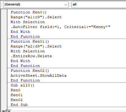 kennylkeys's tweet image. There are hundreds of different ways to filter for data & delete unwanted rows with VBA Excel, but these 2 examples are merely one way of doing this: 1) filter for all rows containing Kenny & delete those rows, 2) filter for all rows not containing Kenny and delete those rows.