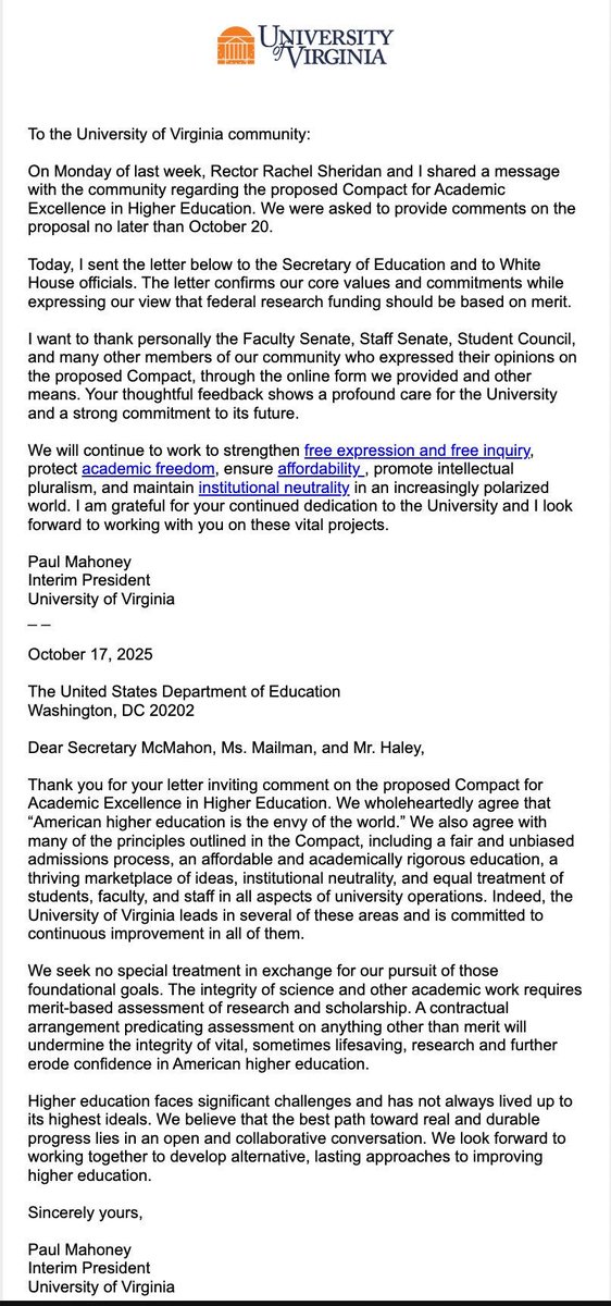 UVA rejects the Compact in an excellent statement that takes campus feedback into account. 🙌🏽