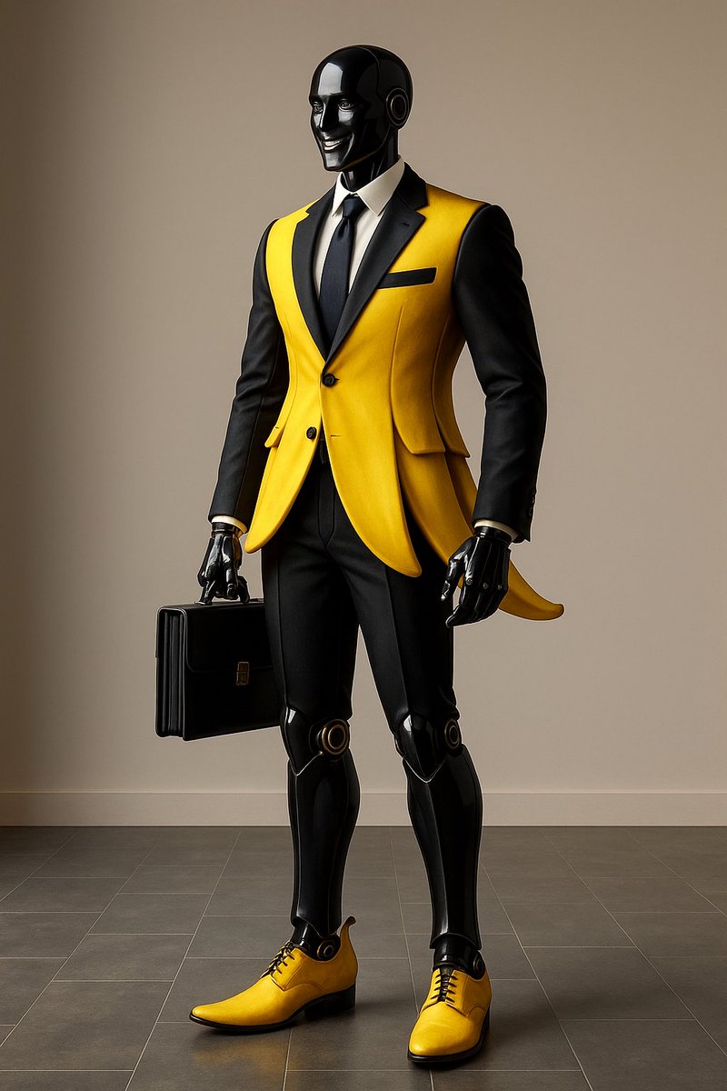 Jackielthequeen's tweet image. When your 9-to-5 meets fruit couture.

#AIHumor #BananaBusiness #AIArt #RobotsHumor