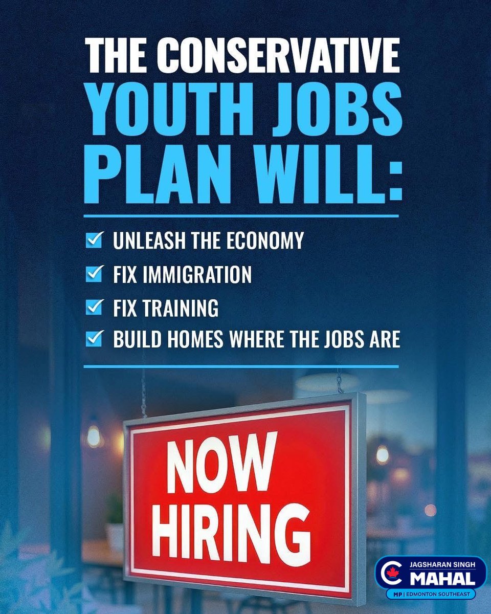 Canada’s youth deserve a future built on opportunity.
The Conservative Youth Jobs Plan is focused on real solutions:
✅ Unleashing the economy
✅ Fixing immigration
✅ Improving training
✅ Building homes where the jobs are

Let’s get young Canadians working, thriving, and