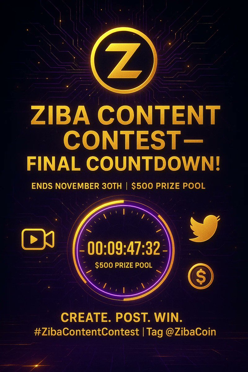 🚨 ZIBA CONTENT CONTEST — FINAL COUNTDOWN! 🚨

Time is ticking! ⏳
The Ziba Content Creation Contest ends November 30th, 11:59 PM UTC — your last chance to win from a $500 prize pool! 💰

🗓️ Details
Deadline: Nov 30th, 11:59 PM UTC
Theme: Anything about Ziba — our project,