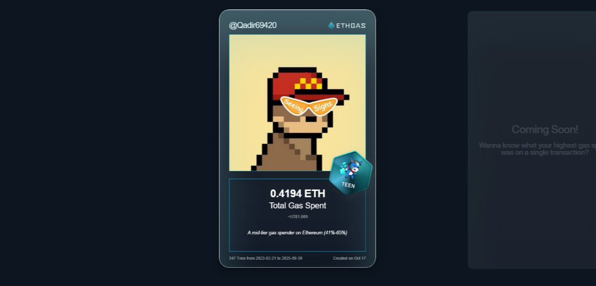 Discovered my Gas ID via ETHGas [<a href="/ETHGasOfficial/">ETHGAS</a>]- turning my gas spend into rewards 🫘

As a Teen Jack, I've spent 0.4194 ETH on gas but earned 180 Beans back.

"Mid tier gas spender"😂

Get your Gas ID and Beans here: ethgas.com/community/gas-…