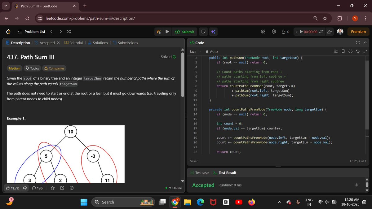 Yash_Jadaun_'s tweet image. Solved LeetCode #437 — Path Sum III 💻
Counted all paths in a Binary Tree that sum up to a target value using recursion & DFS.
A great reminder that not all paths start from the root 🌳
#CodingJourney #CodingLife #LeetCode