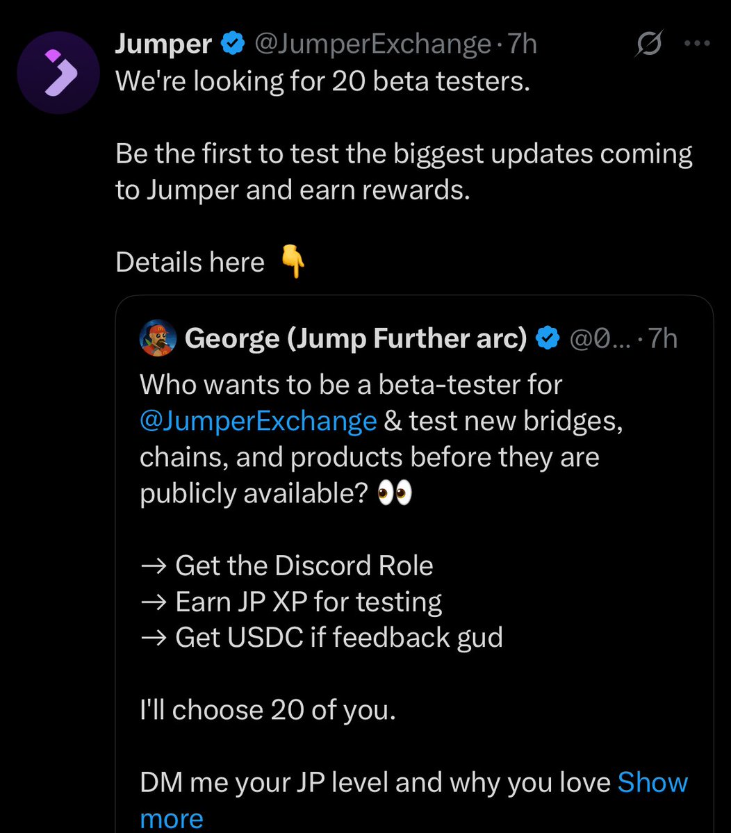 Aππππ β (@affanu_x) on Twitter photo jumper is looking for 20 beta-testers
perks include;
> discord roles
> jumper xp
> usdc (wen feedback is gud)
jumper remains the 1οΈβ£ bridge aggregator
being a beta-testor would totally be worth it & i hope get in this time
dm <a href="/0xSkinnyG/">George (Jump Further arc)</a> if you want in jumper is looking for 20 beta-testers
perks include;
> discord roles
> jumper xp
> usdc (wen feedback is gud)
jumper remains the 1οΈβ£ bridge aggregator
being a beta-testor would totally be worth it & i hope get in this time
dm <a href="/0xSkinnyG/">George (Jump Further arc)</a> if you want in