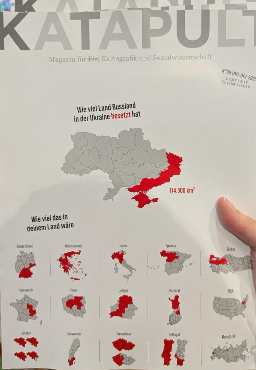 Beefeater_Fella's tweet image. 👀 The German magazine KATAPULT showed on a map the territory of Ukraine occupied by the Russian Federation, comparing its area with a similar share of the territory of other European countries to demonstrate the scale that may not be realized or known in Europe