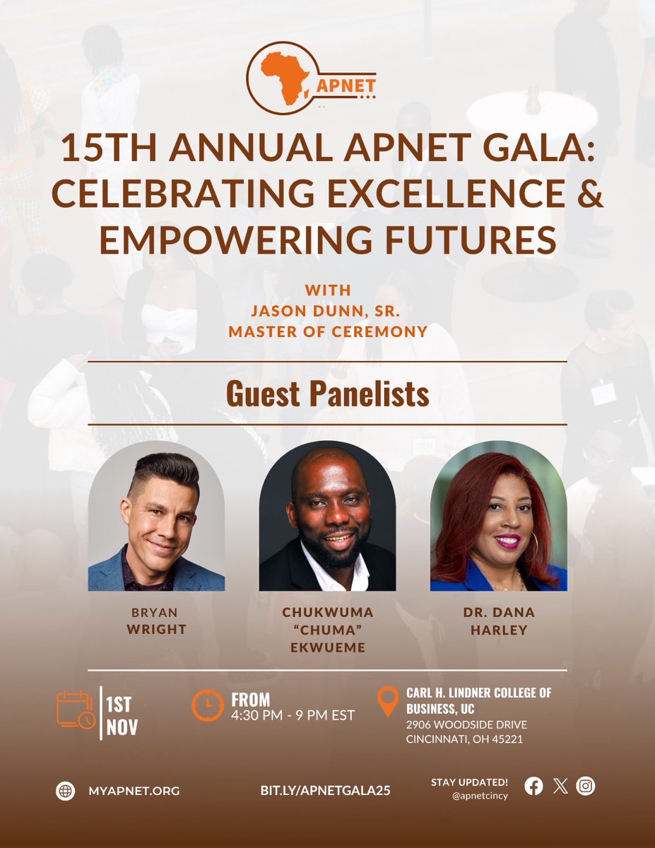 apnetcincy's tweet photo. 🌍 We’re excited to announce our guest panelists for the 15th Annual APNET Gala!
⭐ Bryan Wright
⭐ Chukwuma “Chuma” Ekwueme
⭐ Dr. Dana Harley

📅 Nov 1 | UC Lindner College of Business
🎟️ https://t.co/8cAZIvFKwd
#APNETGala #CelebrateExcellence https://t.co/8Uc8fWtVE2