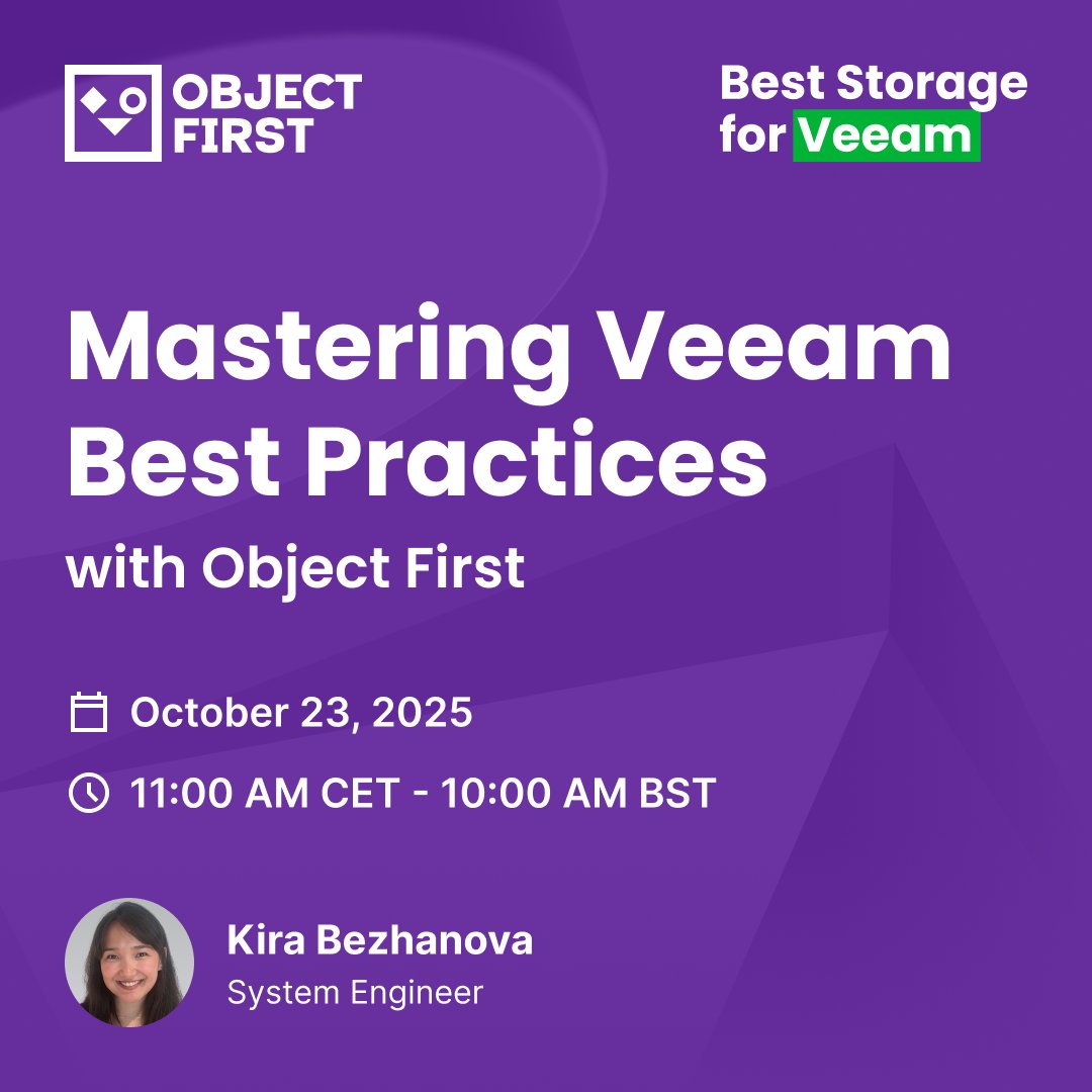 object_first's tweet image. Hear from System Engineer Kira Bezhanova on best practices for leveling up your backups using @Veeam Backup and Replication (VBR) and Ootbi (Out-of-the-Box Immutability) backup storage appliance.
See you next week on October 23: bit.ly/4nbfwqi