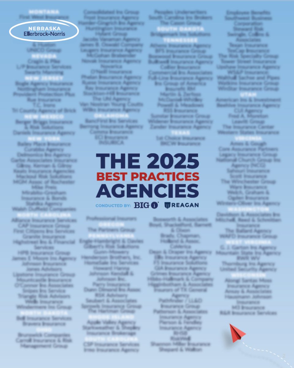 EN_Agency's tweet photo. We’re proud to share that Ellerbrock-Norris has been named a 2025 Best Practices Agency by Reagan Consulting – one of only 3 in Nebraska!

This recognition reflects the culture, collaboration, and commitment that drive our team every day. 💙 

#RiskManagement #Insurance https://t.co/MqxtJwlKJe