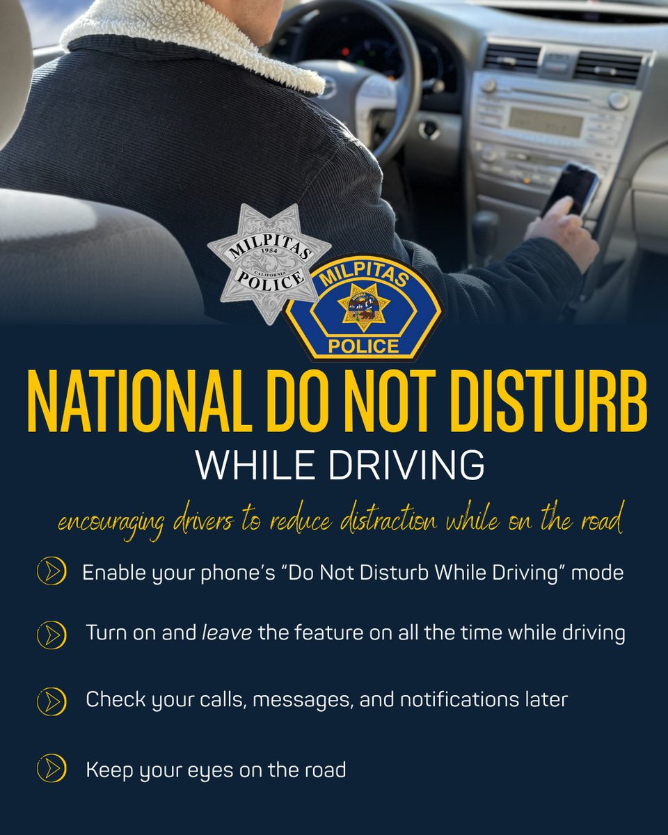 🚗📵 Today is National Do Not Disturb While Driving Day!

A simple setting can save lives! Turn on your phone’s Do Not Disturb While Driving mode to silence calls, texts, and notifications while you’re on the road.

Let’s all do our part to stay focused, drive safely, and keep