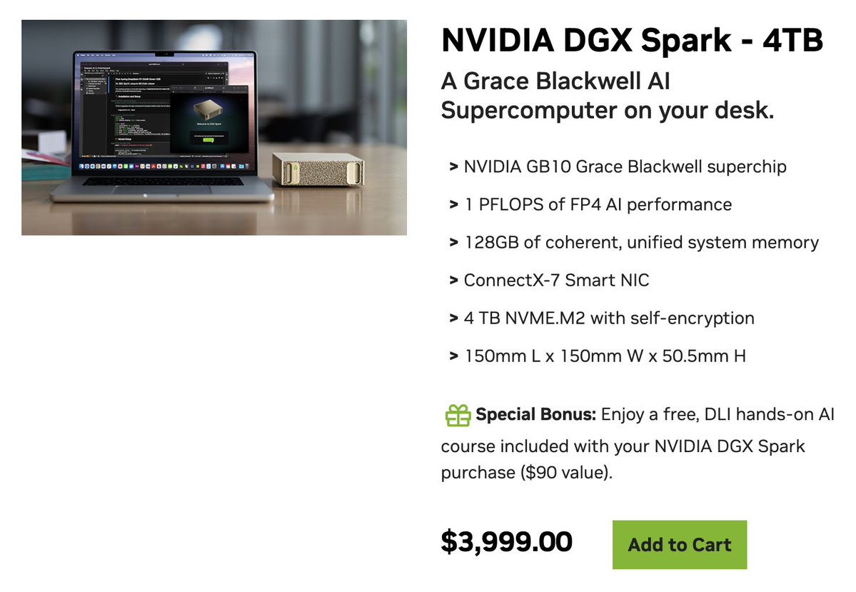 technonator's tweet image. NVIDIA DGX Spark $4000 fiyatla satışa çıktı. Beklediğimden biraz pahalı oldu $3000 çok daha yerinde olurdu. Yapay zeka ile ilgilenenlere tavsiyem Apple'a gidip $10000 gibi paralar ödeyip genel amaçlı bir laptop almak yerine $1000'a yine M serisi bir laptop alıp yanına bunu koymak