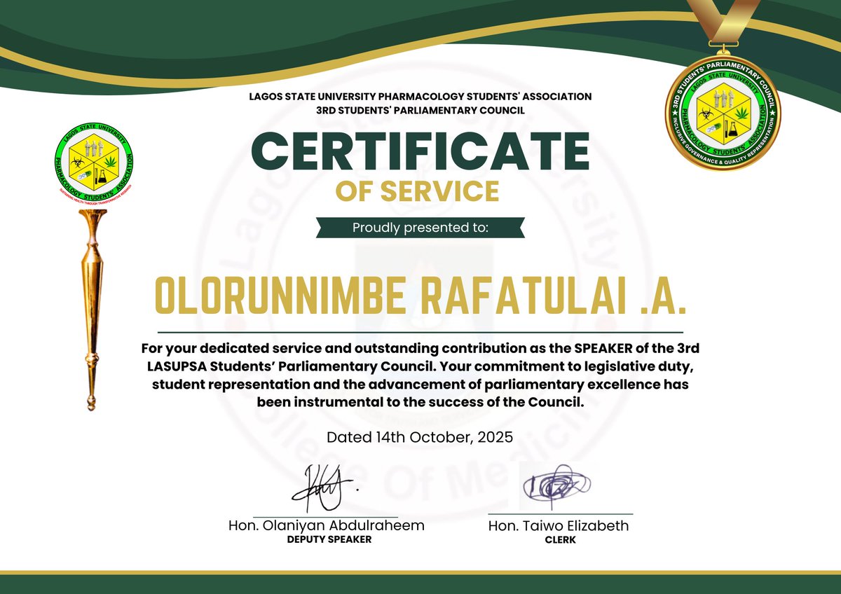 lasupsa_spc's tweet photo. Today marks the official end of tenure of Rt. Hon. Olorunnimbe Rafatulai as the Speaker of the 3rd LASUPSA SPC

Her leadership has been marked by service, integrity, and commitment to parliamentary excellence.
We say thank you for your remarkable service.
 #Leadership #Parliament https://t.co/S7x9SMh7PH