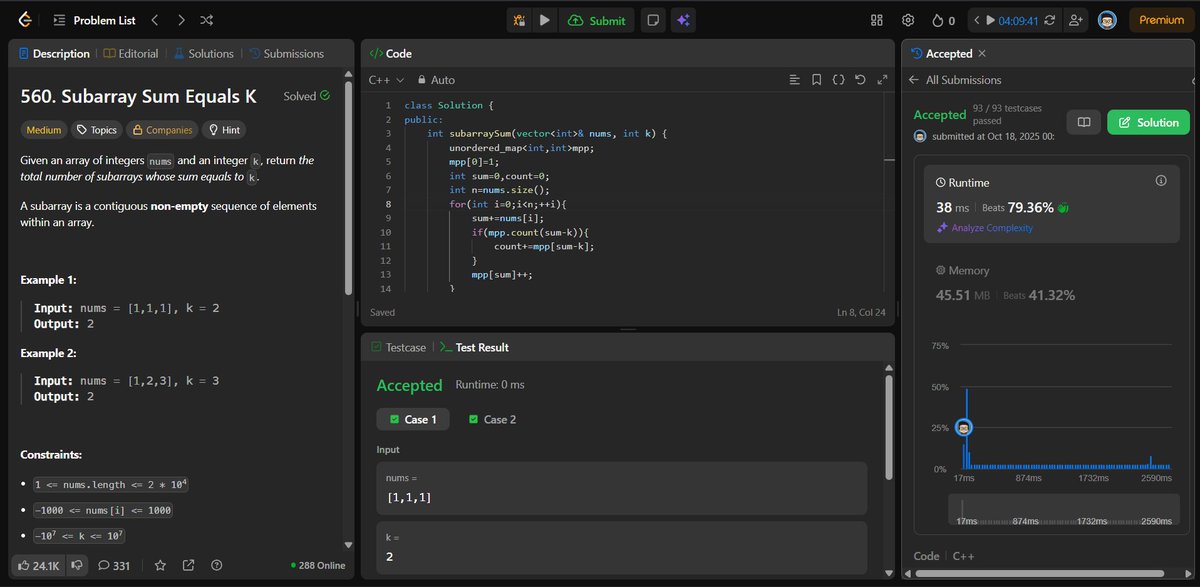 aditya206gupta's tweet image. ⚡ Day 17 of #100DaysOfCode
Solved: Subarray Sum Equals K
📊 Used a prefix sum + hashmap approach to count subarrays summing to K in O(n).
🎯 Lesson: Prefix sums make “range-based” problems easy and elegant.
#LeetCode #DSA #HashMap #CodingJourney #100DaysOfCode