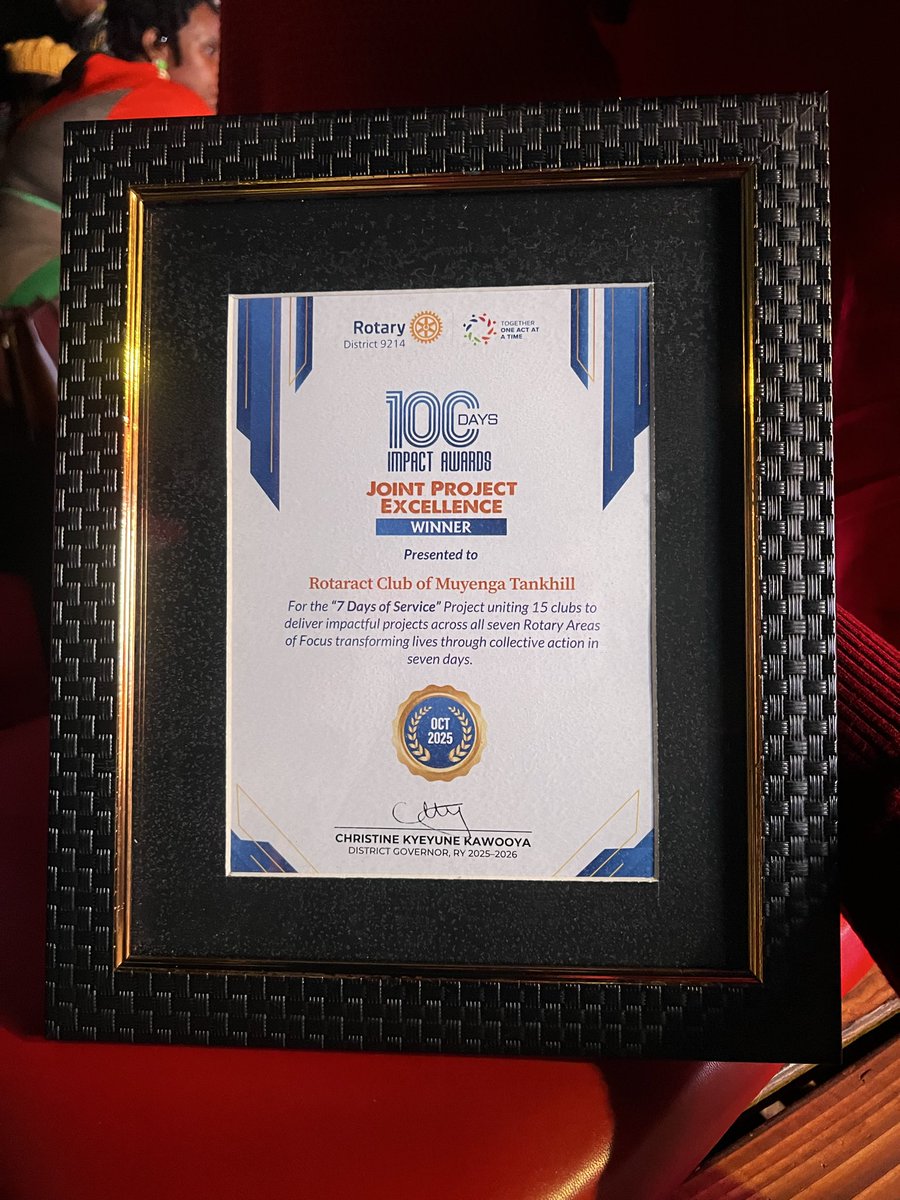 RACTankhill's tweet photo. 17.10.25
Live at the 100 Days of Impact Performance Awards!
We are grateful for the awards received so far 👏
1. Membership Growth Uganda
2. Foundation Giving
3. Joint Project Excellence Winner
Well done Tankhillers ❤️
@RotaractD9214
#100DaysOfImpact https://t.co/KNnHOS0Bmf