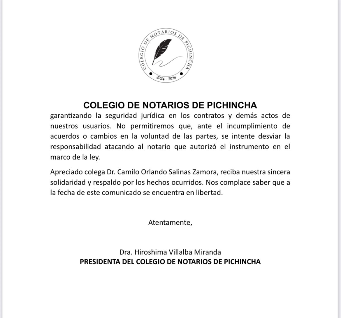 Notapichincha24's tweet photo. Comunicado público relacionado con la información inexacta sobre la situación de uno de nuestros agremiados. https://t.co/GdBodE6jrn