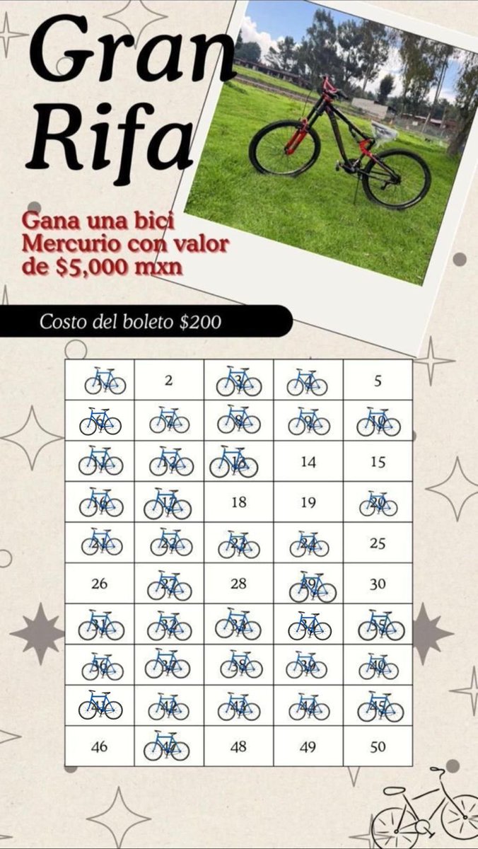 Hace mucho no les actualizamos las rifas, empezamos con la de la bici 🩵

Para participar mande nombre de teléfono y comprobante para registrarlos en el número que deseen💫

Hoy todos los recaudado será para Canelo y Mila 🙏 súmense!! 

Cuentas Toby

- BANCOMER
Cuenta: 0117412991