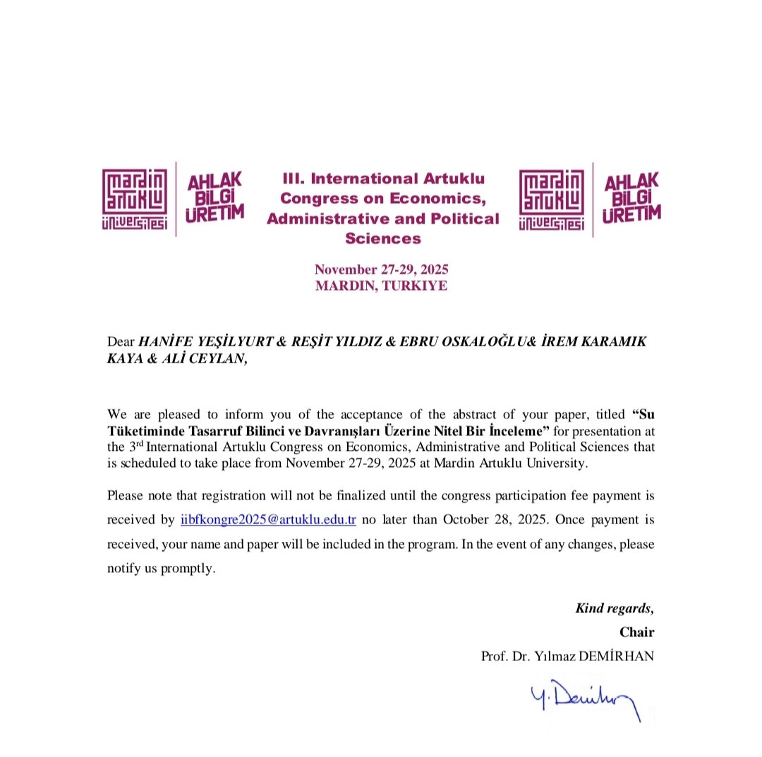 📢Projemizin Elazığ uygulaması sonrası ilk akademik yaygınlaştırma çıktısı olan özet bildirimiz, yürütücü ekip üyelerimiz Prof.Dr.<a href="/resityildiz79/">Reşit YILDIZ</a> Öğr.Gör.<a href="/HanifeYesilyur1/">Hanife Yesilyurt</a> Öğr.Gör.<a href="/iremkaramik/">İrem</a> Arş.Gör.<a href="/EbruOskaloglu/">EBRU OSKALOĞLU🇹🇷</a> ve <a href="/aliceylancyln/">Ali Ceylan</a> katkılarıyla MAÜ İİBF Kongresi’nde sunulacaktır.