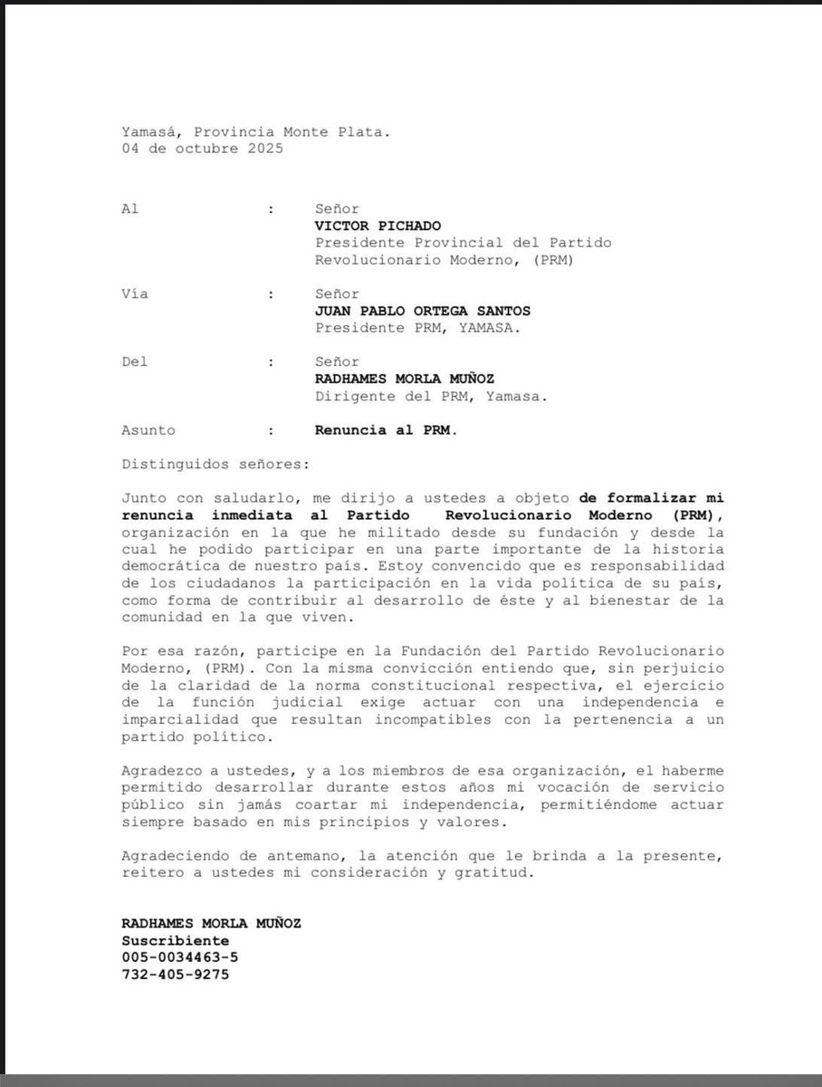 DelviEspinal5's tweet photo. Siguen las renuncias del PRM, cada día se devalúa más el capital de la gente que los llevó al gobierno. ⁦@PLDenlinea⁩ ⁦@DeyaniraGomezH⁩ ⁦@marizan_rafael⁩ ⁦@charliemariotti⁩ ⁦@DaniloMedina⁩ https://t.co/NFha1F1MCd