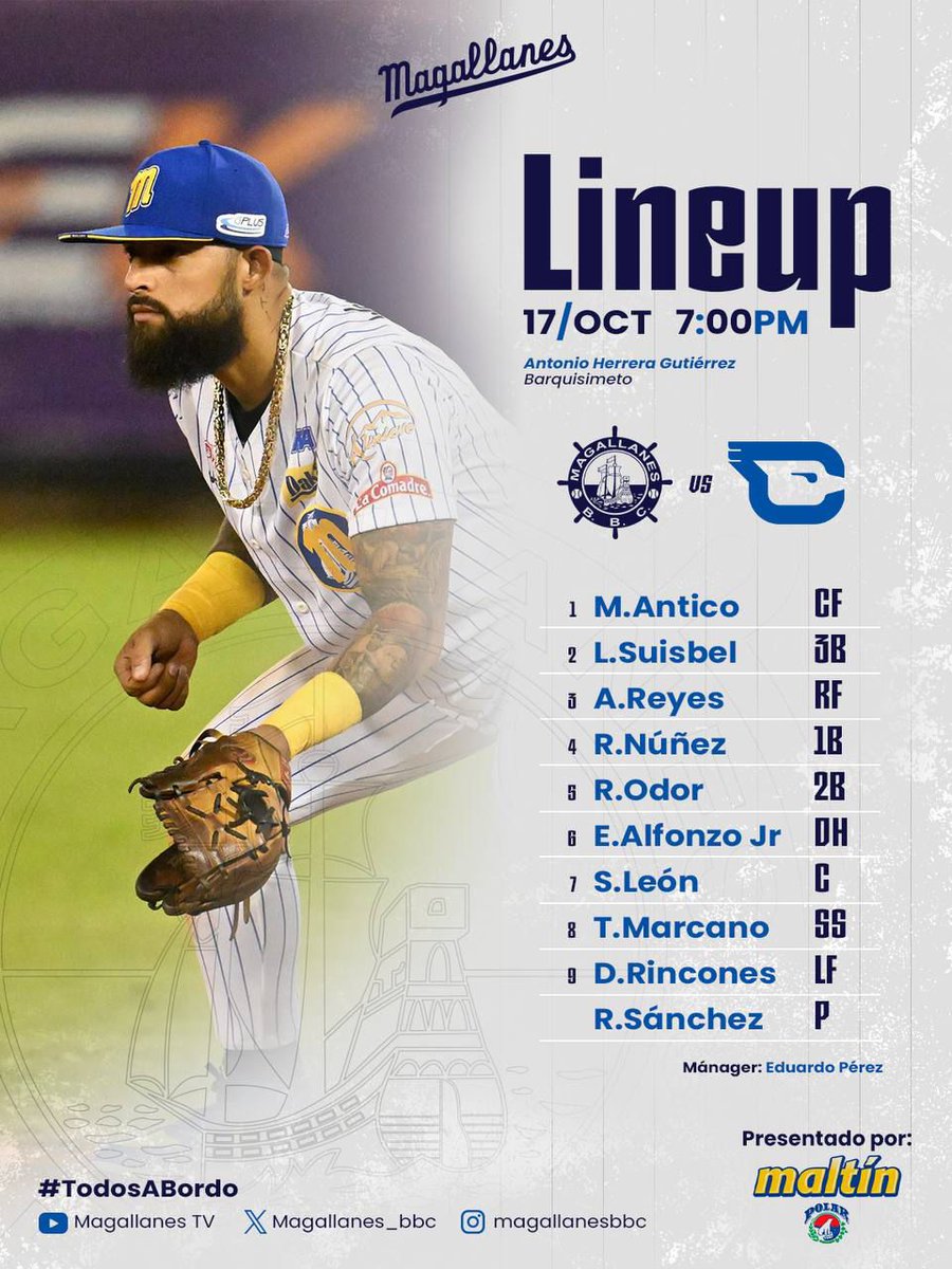 ADNMagallanero's tweet photo. 𝐋𝐢𝐧𝐞𝐮𝐩 𝐝𝐞 𝐥𝐚 𝐍𝐚𝐯𝐞 ⛴️📄

Ofensiva para enfrentar esta noche a @cardenalesdice en Barquisimeto 💪

#Magallanes #TodosAbordo

Magallanes Medios https://t.co/emxeyxlYhC