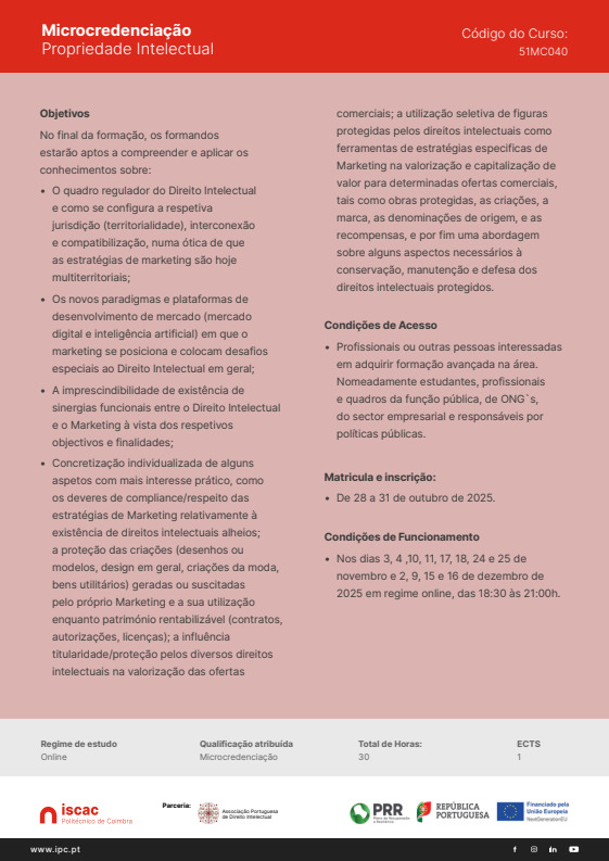 APDI_PT's tweet photo. 🎓 Curso de Microcredenciação em Propriedade Intelectual. Uma iniciativa da APDI e da Coimbra Business School. 

💻 Curso online com bolsa especial de 75 € para os primeiros 20 formandos. Candidaturas até 22 de outubro de 2025.
🔗 Mais informações em: https://t.co/f8jUdoicTs https://t.co/ABVllK1nf8