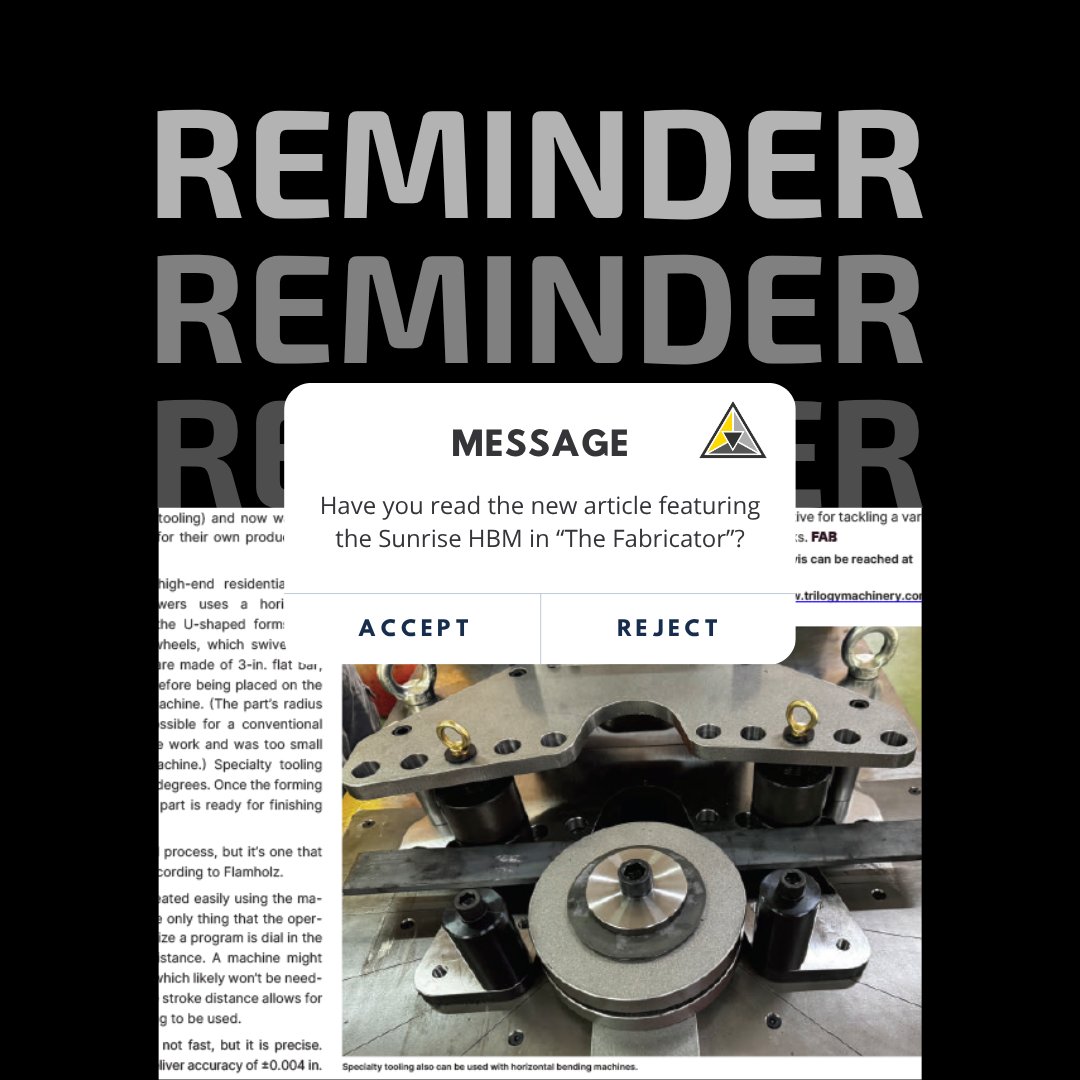 TrilogyMach's tweet photo. The industry’s taking notice — and for good reason. The Sunrise Horizontal Bender was just featured in  @fabricating 

See why it’s redefining bending performance 👇
https://t.co/Z4UkBbrMdU

#HorizontalBender #MetalBendingMachine #BendingTechnology #FabricationEquipment #MetalForming #IndustrialMachinery #PrecisionBending #CNCBending #MetalworkingMachinery
#ManufacturingTools