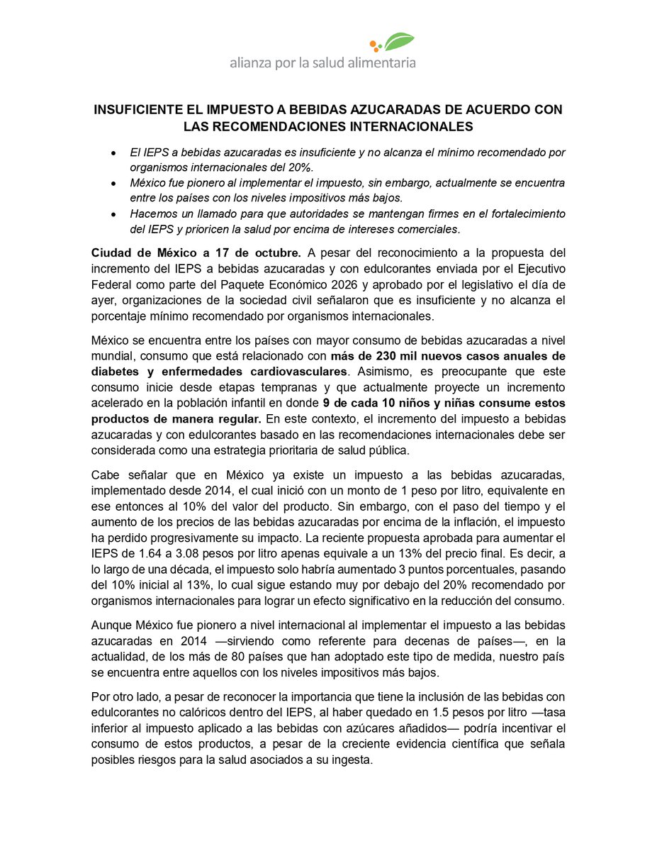 elpoderdelc's tweet image. 🥳Lo bueno: El Congreso aprobó incrementar el #IEPS a bebidas azucaradas y con edulcorantes dentro del #PaqueteEconómico2026.
😓Lo malo: Es insuficiente y no llega al mínimo recomendado internacionalmente.
¿Por qué son urgentes #ImpuestosParaLaSalud más altos en México?👇🧵