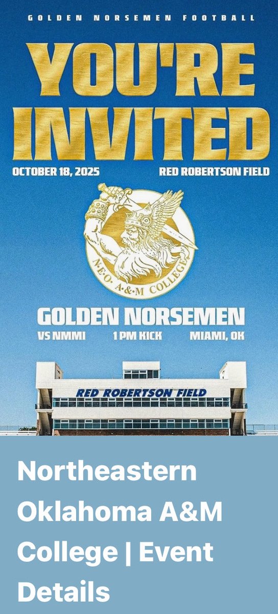 Honored to receive my first game day invite from NEO A&amp;M College.  Excited to visit school and meet the coaches….Let’s Go  NEO!! #GOGONEO
 <a href="/PryorTigerFB/">Pryor Tiger Football</a> <a href="/Pryor_Athletics/">Pryor Athletics</a>  <a href="/Coach_DavisPHS/">Kenny Davis</a> <a href="/Norsemen_FB/">NEO Football</a> <a href="/Chris_Sailer/">Chris Sailer Kicking</a> <a href="/KohlsKicking/">Kohl's Kicking Camps</a>