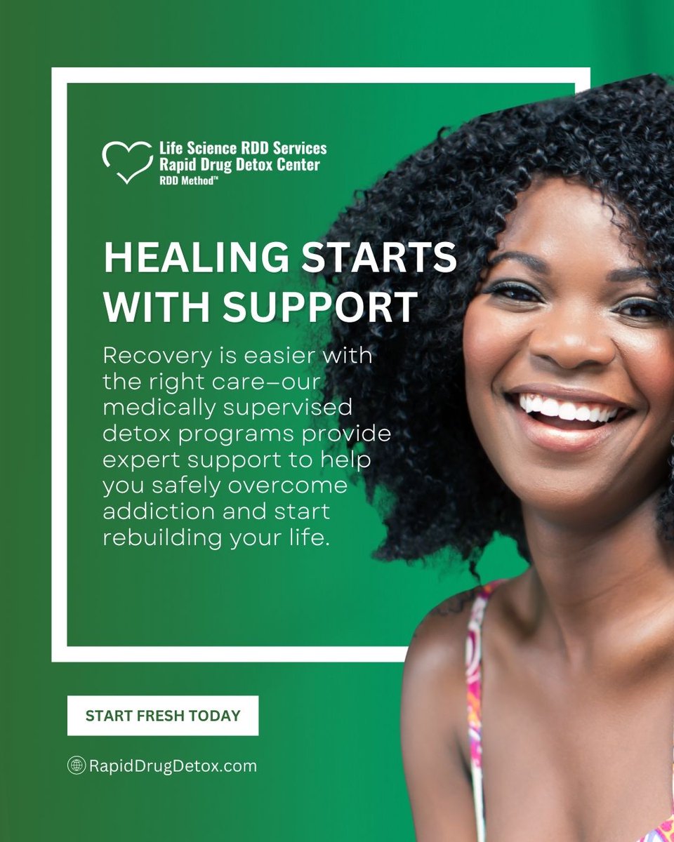 RDDMethod's tweet image. ✨ Healing begins with the right care. Our medically supervised detox programs provide expert support so you can safely overcome addiction and rebuild your life with confidence.
💚 Start fresh today: RapidDrugDetox.com | ☎ 1-866-399-2967
#HealingSupport #RecoveryJourney