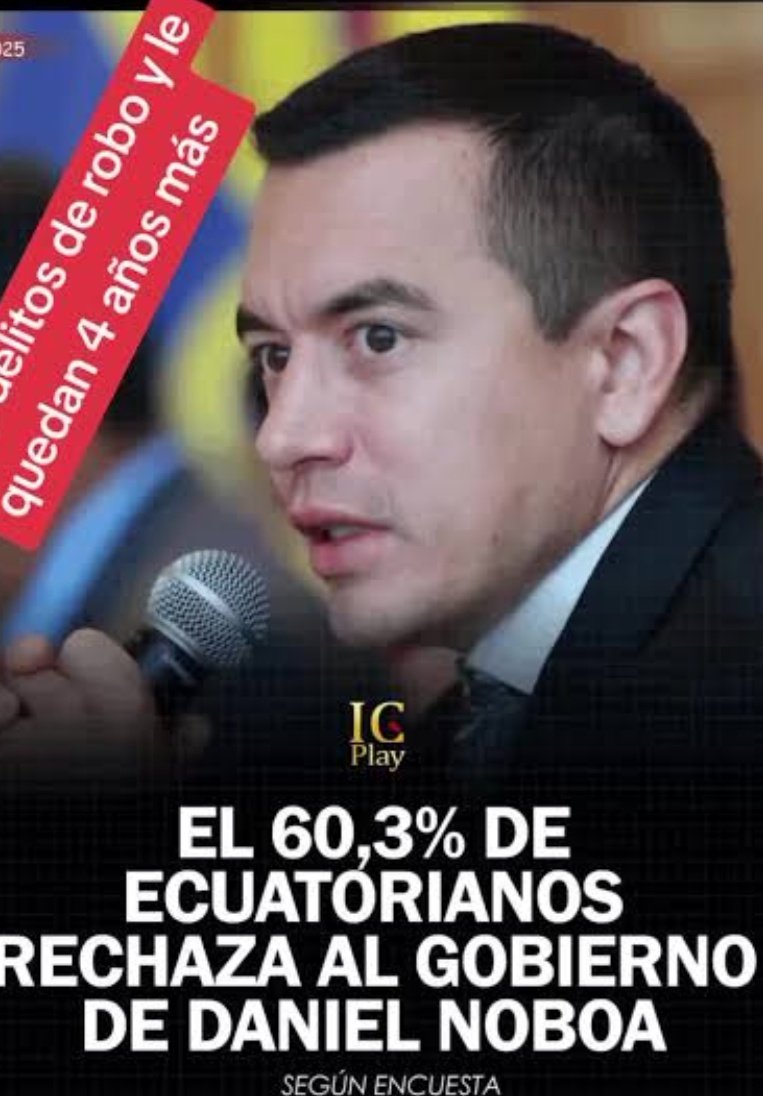 Considerando el desastroso gobierno de Daniel Noboa, con  paro nacional, inseguridad, falta de empleo, atentados, secuestros destrucción de todos los servicios.
Creo que a Noboa le quedan pocos días en el poder.
Se viene un golpe duro que hará huir al inepto de Daniel Noboa.
