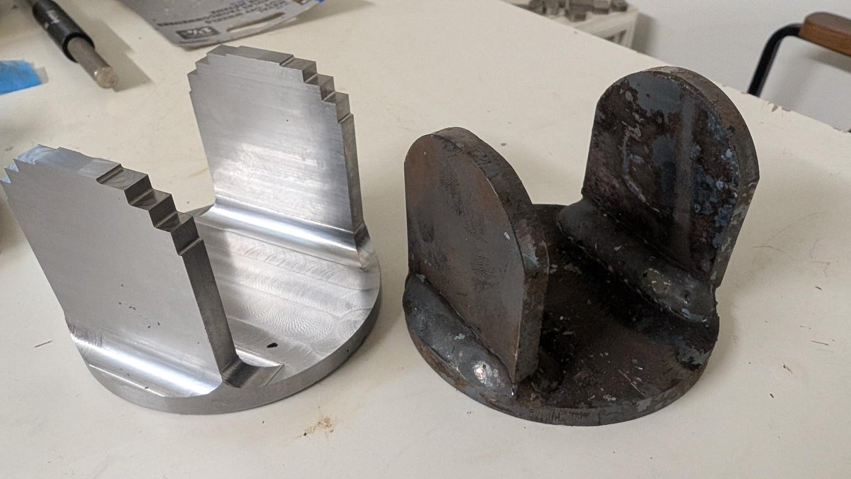 Forge_AIs's tweet image. Manufacturing question:

Why would you ever change from a simple welded part to a machined part? From a DME perspective this only makes sense in quantity runs where welders are unavailable &amp;amp; IF you can purchase extrusion close to the base shape to reduce scrap and machine time.