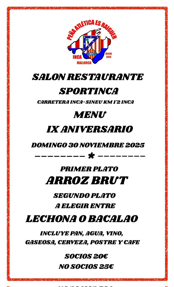 Tolosalvainca's tweet photo. Estamos trabajando para que el 9°Aniversario de la Peña Atlética Es Raiguer Inca-Mallorca sea un día inolvidable y ya tenemos menú para la comida del Domingo 30 de Noviembre. https://t.co/87POBEJDsZ