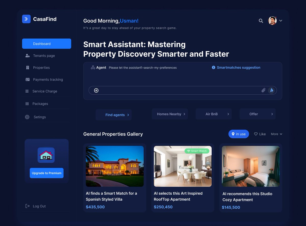 Lammythebrand's tweet image. A clean, AI-powered dashboard for CasaFind, helping users find homes faster &amp;amp; smarter.
Focused on usability, trust &amp;amp; modern design.

Would you trust an AI to help you find your next home? 👀

#uiuxdesigners #webdesigning