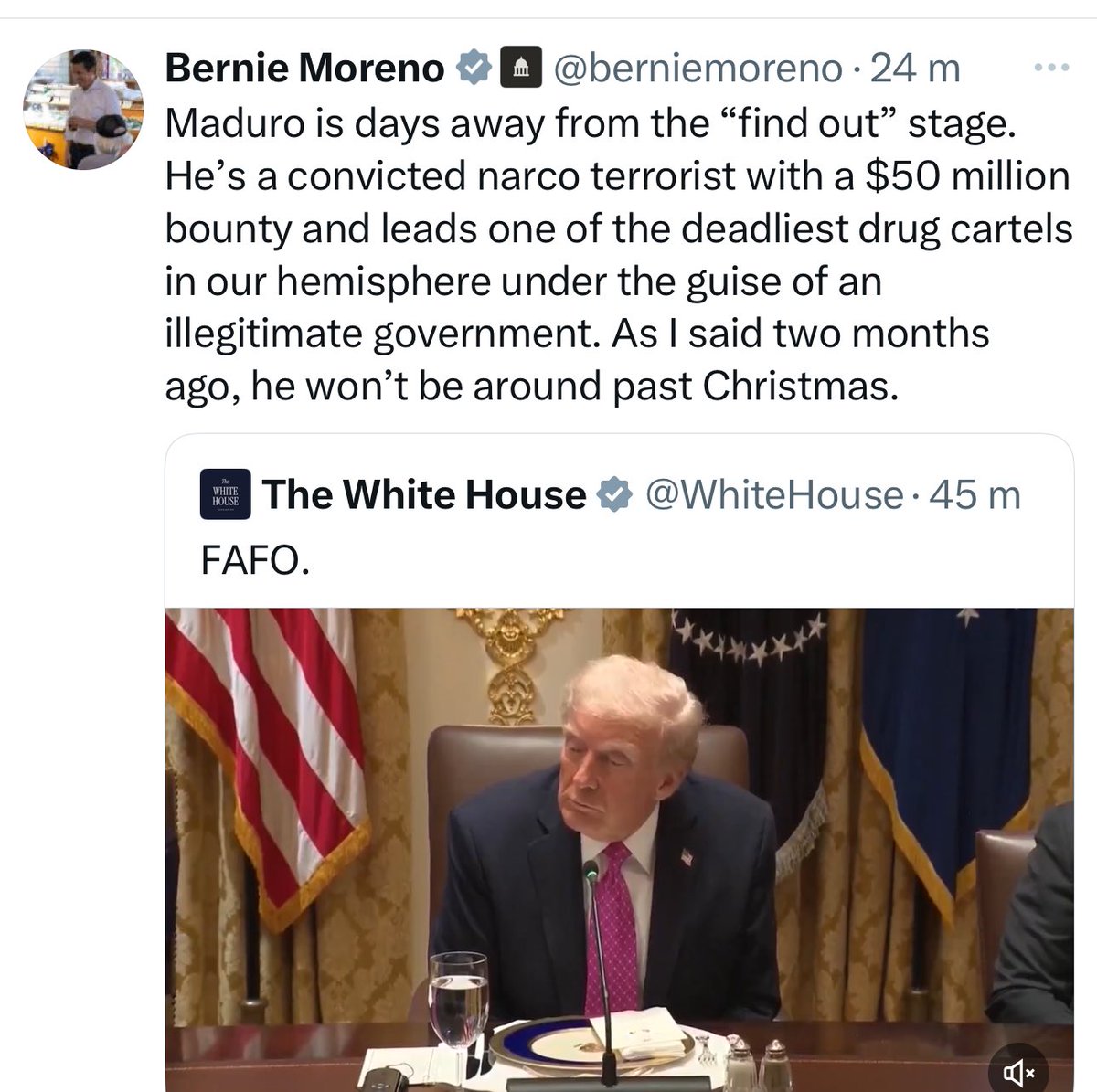 🚨 ¡ÚLTIMA HORA VENEZUELA! 🚨🇻🇪

Senador 🇺🇸 Bernie Moreno:

“Maduro está a poco días de la parte ‘ya verás’. Es un narcoterrorista imputado con una recompensa de $50 millones y dirige uno de los carteles más sanguinarios disfrazado de Gobierno (…) como dije, no va a estar para