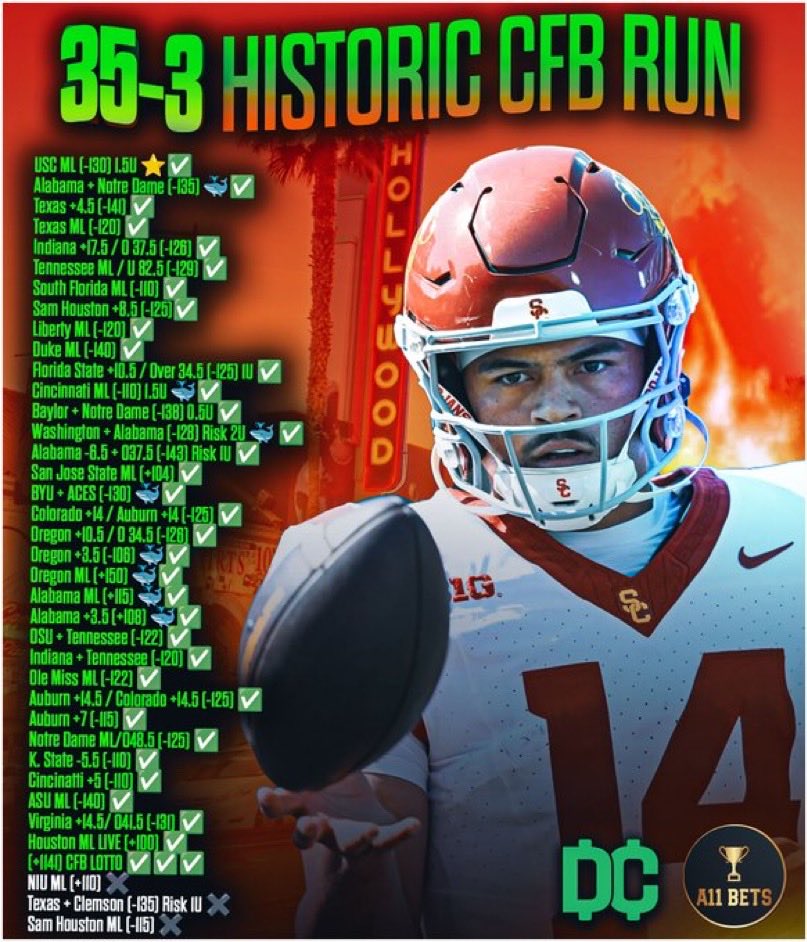 CFB PLAY OF THE DAY ⭐️⭐️

35-3 HISTORIC CFB RUN 💎

THE REAL KING OF CFB IS BACK 👑

NEED EVERYONE TAILING THIS 🤑

USE LINK BELOW FOR THE PLAY ✅
dubclub.win/r/p/pri-pkthp/…