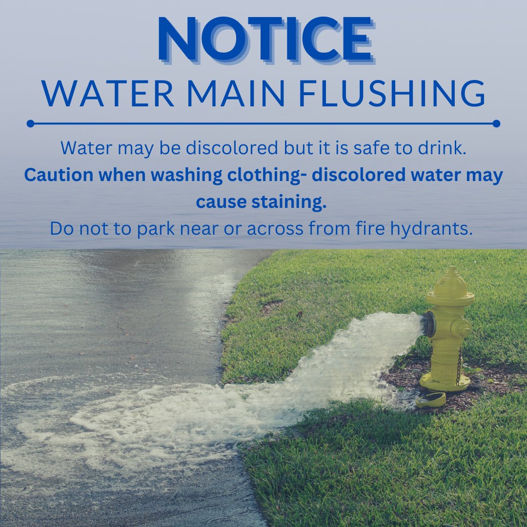 Starting Monday, October 20: The City of Mason City Water Supply Division will be flushing water mains in the Northwest quadrant of town—all areas west of Federal Avenue and North of Highway 122. This will continue through Friday, October 31.