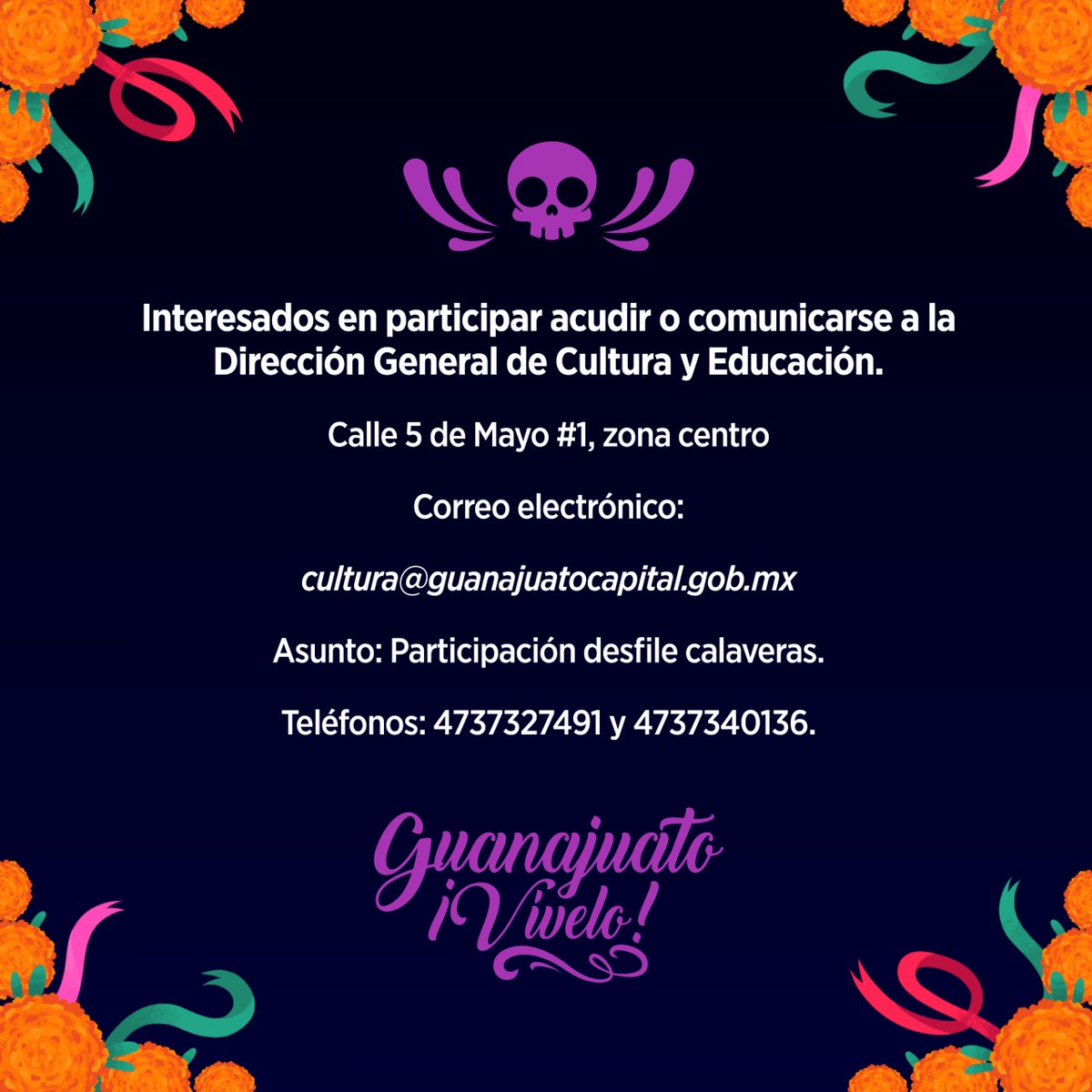 Gobierno Municipal de Guanajuato convoca a participar en el 💀👹👻Desfile de Calaveras y Catrinas💫🏵🎊🎉 a realizase el 1 de noviembre de 2025 por las hermosas calles de nuestra ciudad.
Conoce las bases y participa 😃👇
#GuanajuatoTeQuiero