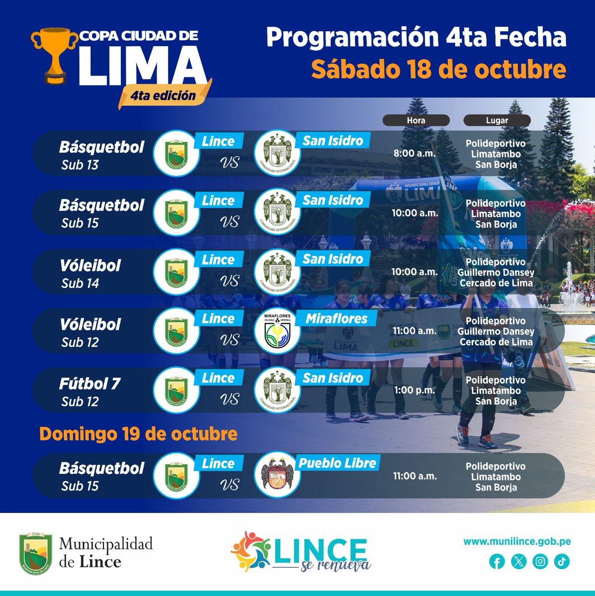 Este sábado 11 de octubre, nuestros equipos representarán al distrito con todo su talento y esfuerzo en la 4ta fecha del torneo, enfrentando a Pueblo Libre y Magdalena en diferentes disciplinas deportivas. 
📍 ¡Acompañemos a nuestros equipos!