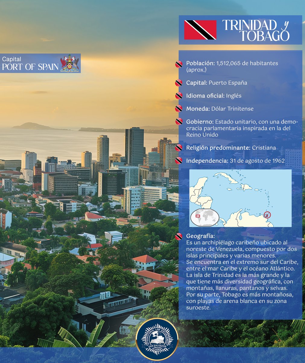 ILEASanSalvador's tweet photo. #DatosImportantes
Países que se capacitan en ILEA San Salvador
Hoy conoceremos datos importantes de TRINIDAD Y TOBAGO, el cual forma parte de los países que se capacitan en ILEA San Salvador, país soberano insular ubicado en el mar Caribe. https://t.co/eV60YTLPYQ