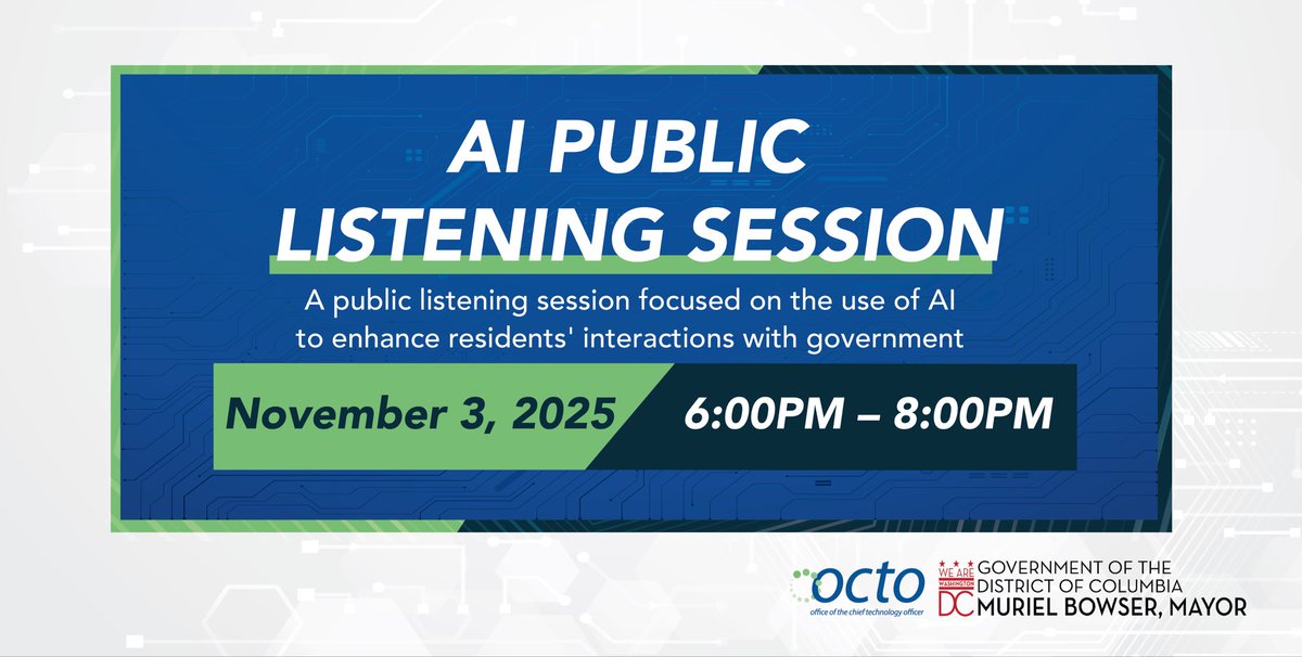OCTODC's tweet image. Announcing the next AI Public Listening Sessions hosted and organized by OCTO on behalf of the Advisory Group on AI Values Alignment (AIVA).
Join the conversation, RSVP at:
🔗 s.dc.gov/AI-Public-List…