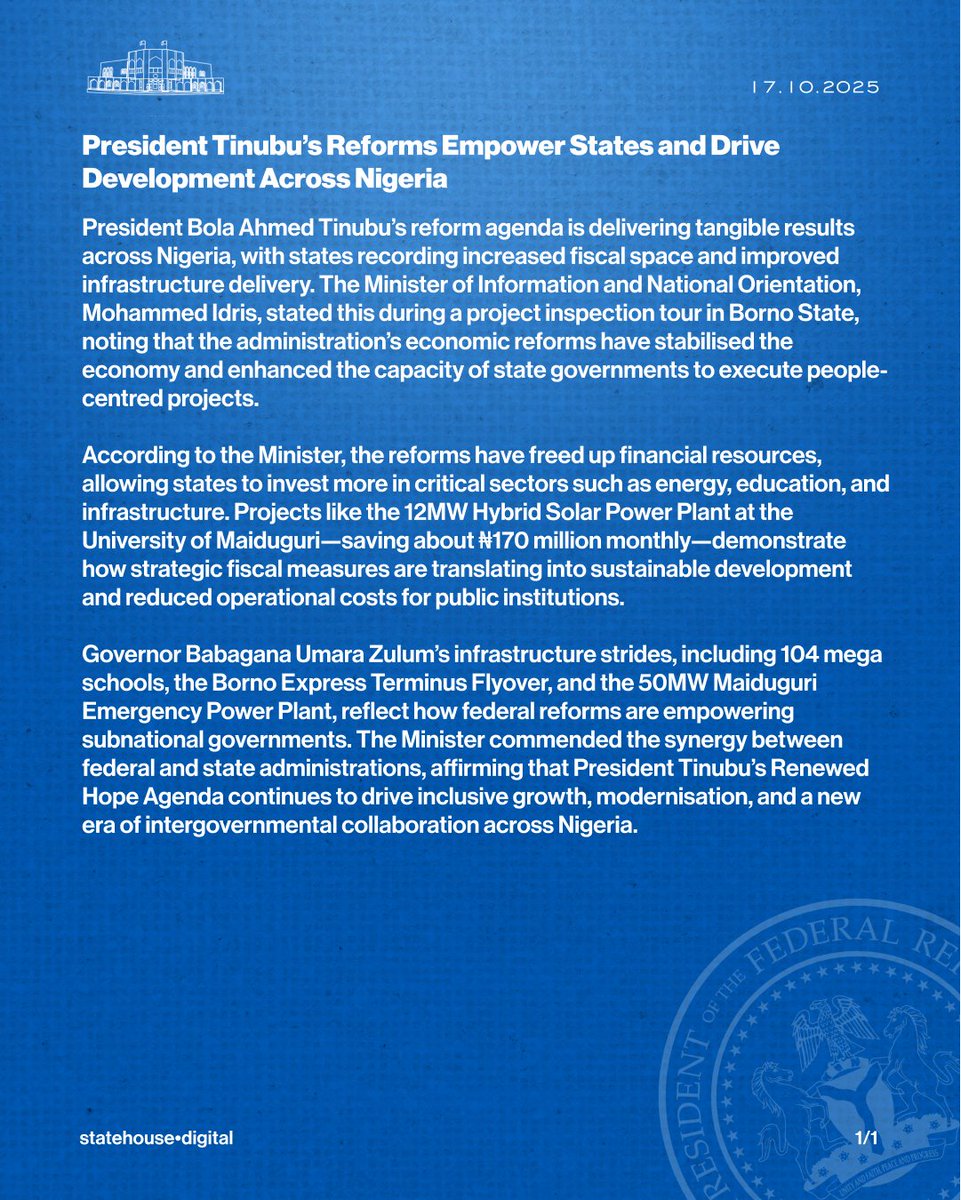 PRESIDENT TINUBU'S REFORMS EMPOWER STATES AND DRIVE DEVELOPMENT ACROSS NIGERIA

President Bola Ahmed Tinubu's reform agenda is delivering tangible results across Nigeria, with states recording increased fiscal space and improved infrastructure delivery. The Minister of