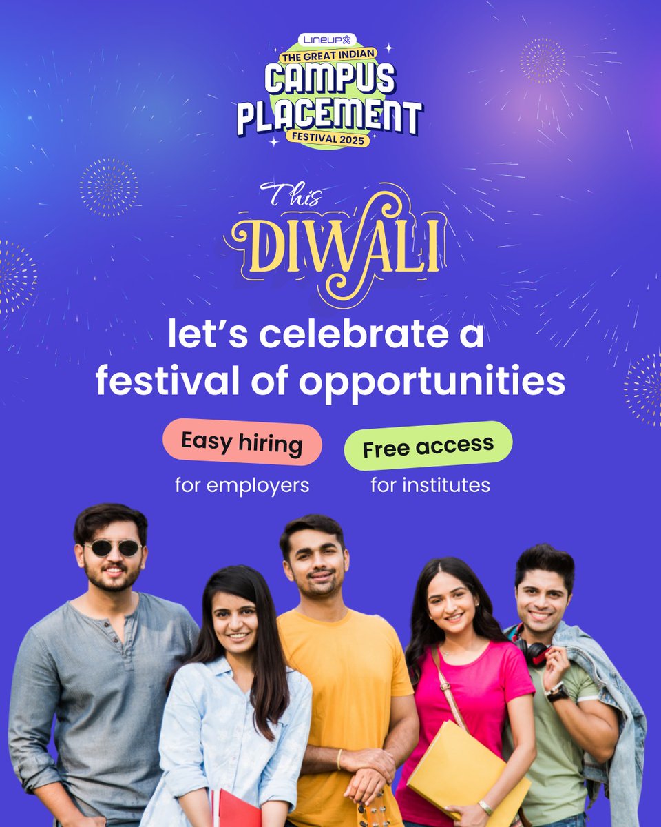 LineupXLtd's tweet photo. Happy Diwali! ✨

May your placements shine as bright as the diyas this season.

Institutes click here to digitalize your placements for free - https://t.co/Yrg8ACshhK

Employers click here to hire smarter - https://t.co/yKgSJsSo7W

#GreatIndianCampusPlacementFestival #LineupX https://t.co/wyQaEI3OGR