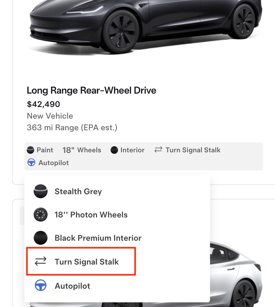 Tesla now explicitly states which Model 3 inventory vehicles have a turn signal stalk.

Tesla offers a $600 turn signal stalk retrofit for owners that want to add it to their existing Model 3 (compatible with Model 3s produced in 2024 &amp; 2025 without a turn signal stalk).