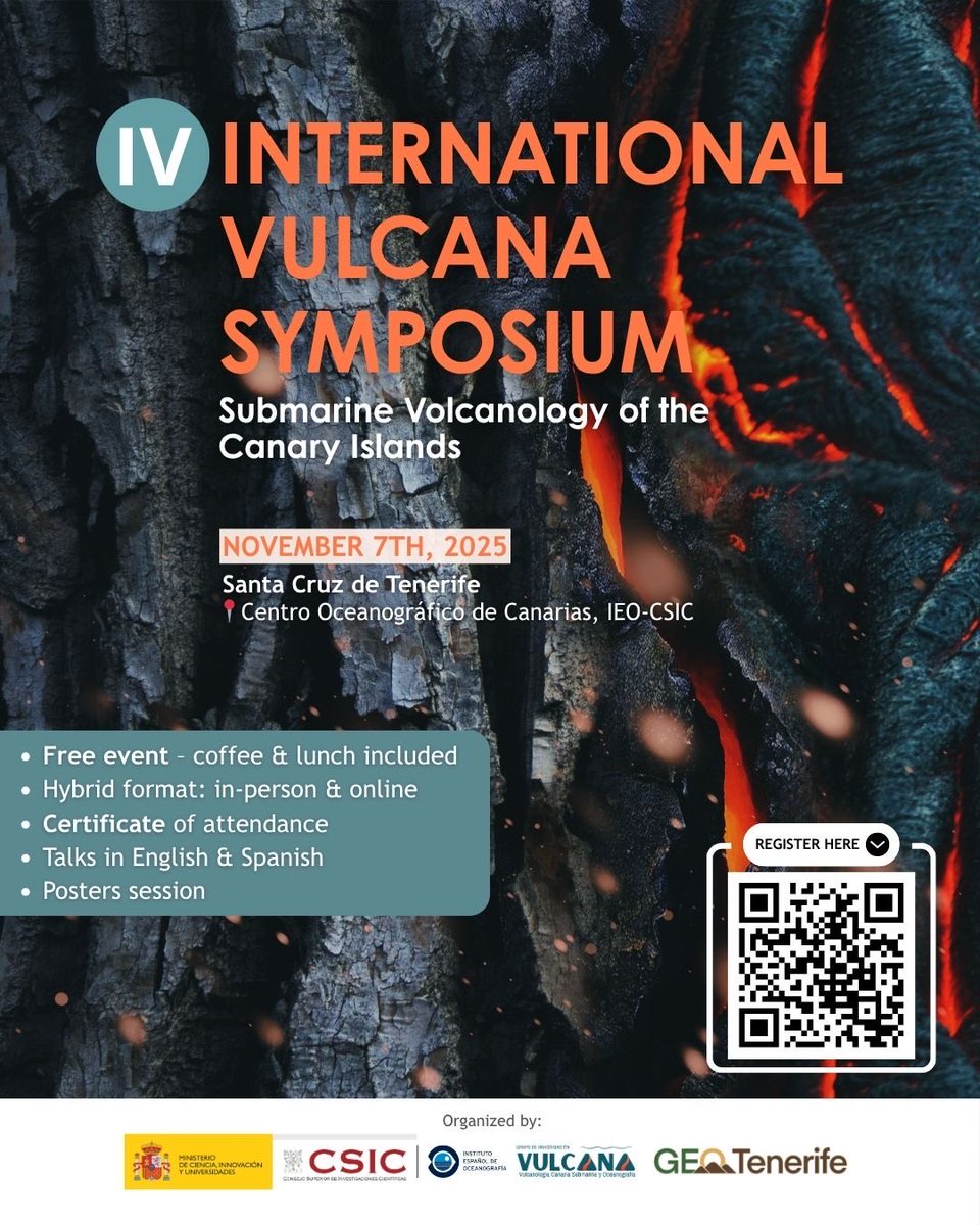 2025 #VulcanaSymposium by <a href="/VulcanaIEO/">Grupo VULCANA IEO-CSIC</a> <a href="/ieo_canarias/">IEO-CSIC Canarias</a> &amp; <a href="/GeoTenerife/">GeoTenerife</a> will be taking place on Nov 7th with online version.
Tenerife, Canary Islands
#submarinevolcanology #marinebiology #marinegeology #marinesciences
For further info: geotenerife.com
