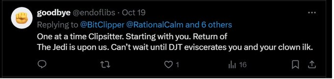 BitClipper's tweet photo. @endoflibs @Charles83230639 @WhiteHouse Thank heavens, @endoflibs!!  

I found that post which you accidently (?) deleted.  

You know the one I'm talking about, right?   The one where you called for the mass murder of liberals.  Anyway, here it is, I'd expect you've been missing it. https://t.co/N4QsAkQwKD