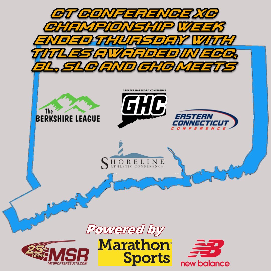 MySportsResults (@mysportsresults) on Twitter photo We wrap up CT Conf. XC Championship Week as Thursday Titles Awarded in ECC, BL, SLC and GHC Meets bit.ly/4hddFQs
<a href="/Marathon_Sports/">Marathon Sports</a>  <a href="/NBRunning/">New Balance Running</a> <a href="/TheRunningAcad/">The Running Academy</a> <a href="/runnerspace/">RunnerSpace</a> <a href="/DyeStat/">DyeStat</a> <a href="/AthleticdotNet/">AthleticNET</a> <a href="/ciacsports/">CIAC Sports</a> <a href="/CTHSCA/">CHSCA</a> <a href="/GoECCAthletics/">ECC Athletics</a> <a href="/fciac/">FCIAC</a> <a href="/NVL_Athletics/">NaugValleyLeague</a> <a href="/_SLC_Athletics/">Shoreline Athletic Conference</a> We wrap up CT Conf. XC Championship Week as Thursday Titles Awarded in ECC, BL, SLC and GHC Meets bit.ly/4hddFQs
<a href="/Marathon_Sports/">Marathon Sports</a>  <a href="/NBRunning/">New Balance Running</a> <a href="/TheRunningAcad/">The Running Academy</a> <a href="/runnerspace/">RunnerSpace</a> <a href="/DyeStat/">DyeStat</a> <a href="/AthleticdotNet/">AthleticNET</a> <a href="/ciacsports/">CIAC Sports</a> <a href="/CTHSCA/">CHSCA</a> <a href="/GoECCAthletics/">ECC Athletics</a> <a href="/fciac/">FCIAC</a> <a href="/NVL_Athletics/">NaugValleyLeague</a> <a href="/_SLC_Athletics/">Shoreline Athletic Conference</a>