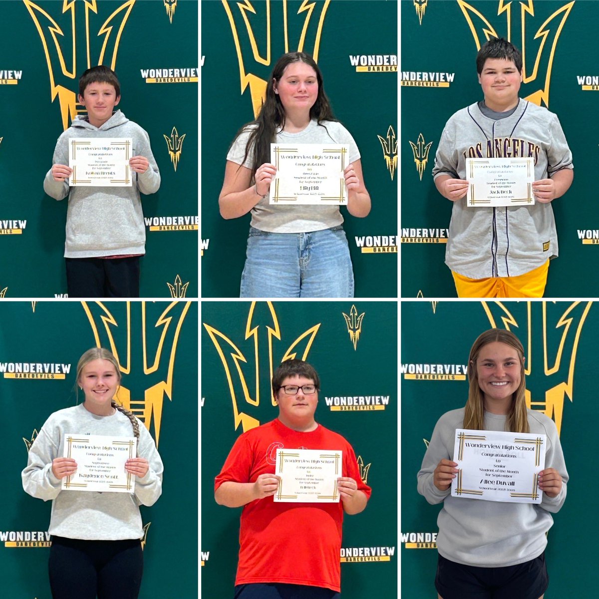Congratulations to our September SotM! 7th grade - Kolton Brents, 8th Grade - Lilly Hill, 9th Grade - Jack Beck, 10th Grade - Kaydence Scott, 11th Grade - Will Beck and Sr. Allee Grace Duvall - we are proud of and love you guys!